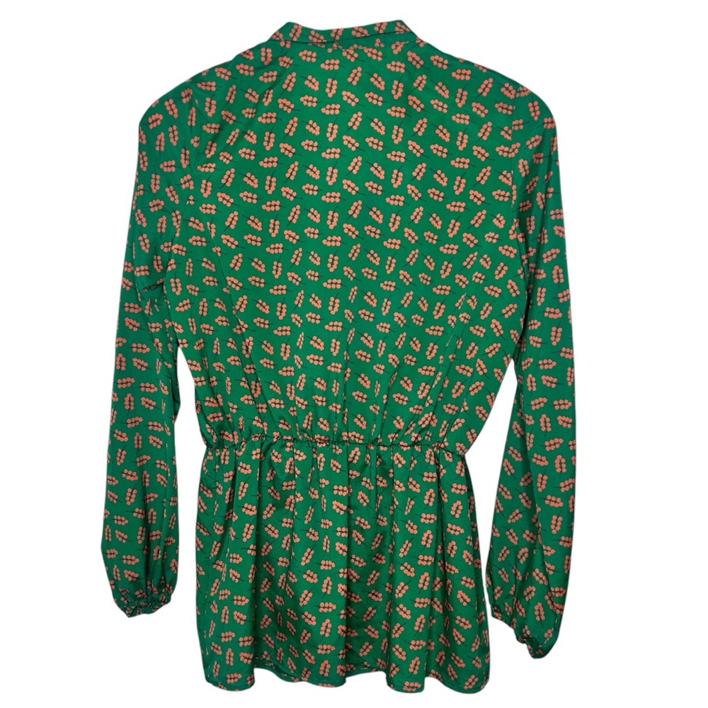 Vintage Berry Print Emerald Green Orange Brown Button Blouse with Bow Size M - Picture 4 of 4